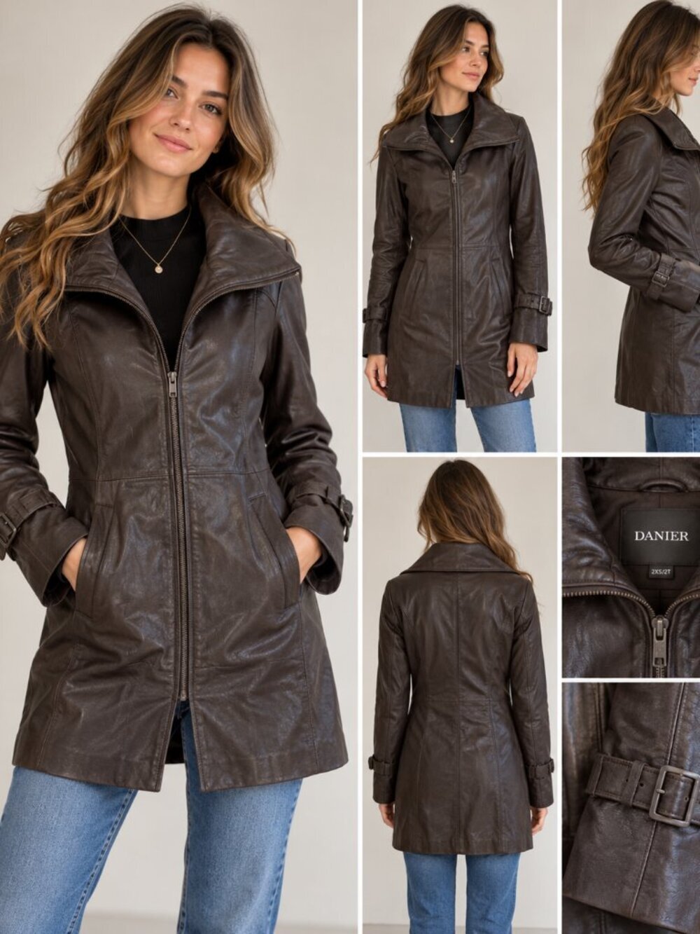 Danier Genuine Leather Long Coat Dark Brown Wool Blend Lined 2XS/2T